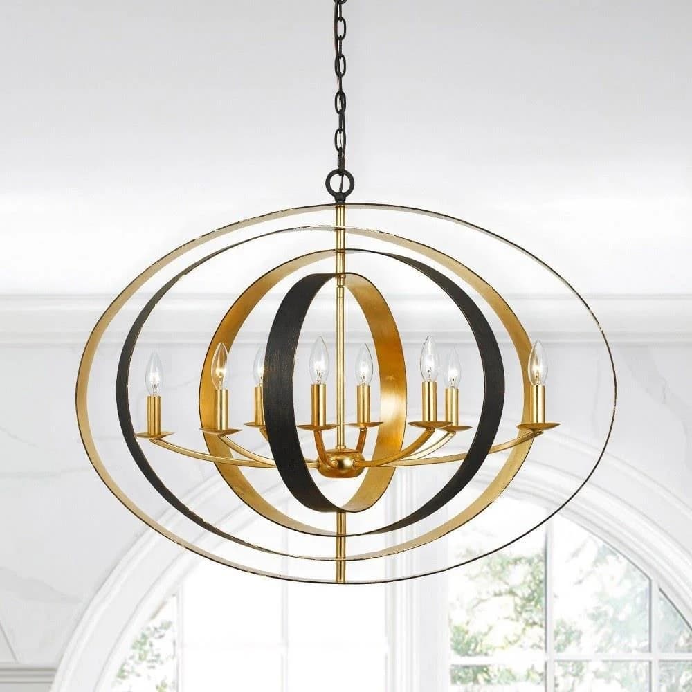 mid century modern chandelier with gold loops and globe shaped lights